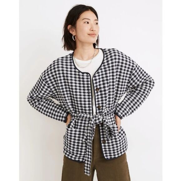 NWT Madewell (Re)sourced Gingham Quilted Tie Jacket in Classic Indigo - Picture 1 of 9